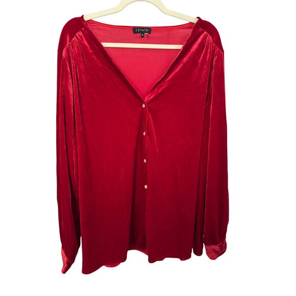 NWT! 1. State Red Long Sleeve Button VNeck Velvet Blouse - Picture 2 of 10